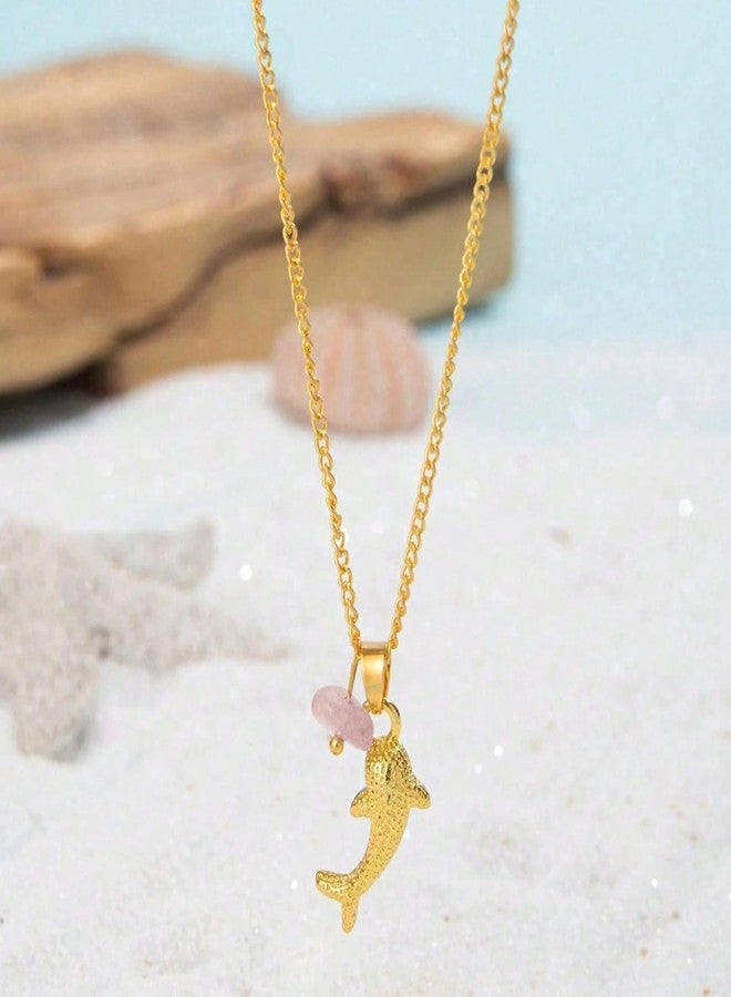 TACBSP Gold Shark Necklace for Women Boho Shark Pendant Necklace Blue Beaded Sardine Fish Necklaces Ocean Inspired Choker Jewelry Gift (Gold) - Image 3